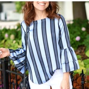 Loft Shirt - blue striped ruffle sleeve popover style blouse